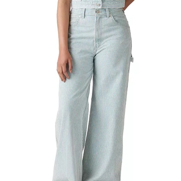 Women's Cinch Baggy Carpenter Cotton Jeans Striped Wide-Leg Pants - Picture 1 of 5